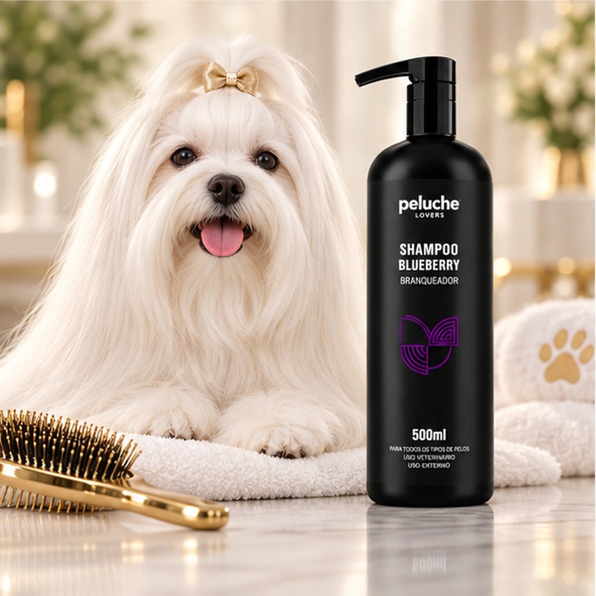Shampoo Blueberry Peluche com pet em ambiente de cuidados