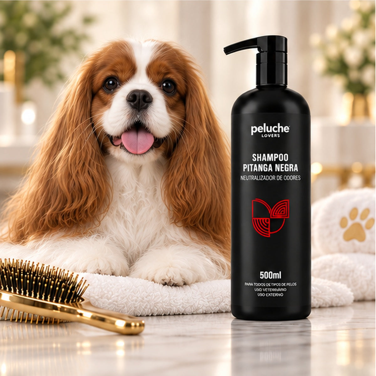 Shampoo Pitanga Negra Peluche com pet em ambiente de cuidados